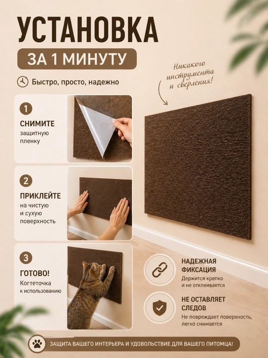 Когтеточка для кошки самоклеящаяся 30х60 см, защита мебели, стен и дивана от когтей
