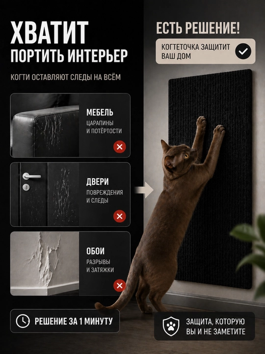 Когтеточка для кошки самоклеящаяся 30х60 см, защита мебели, стен и дивана от когтей