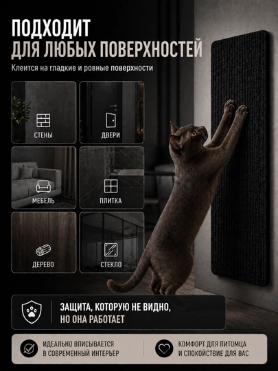 Когтеточка для кошки самоклеящаяся 30х60 см, защита мебели, стен и дивана от когтей
