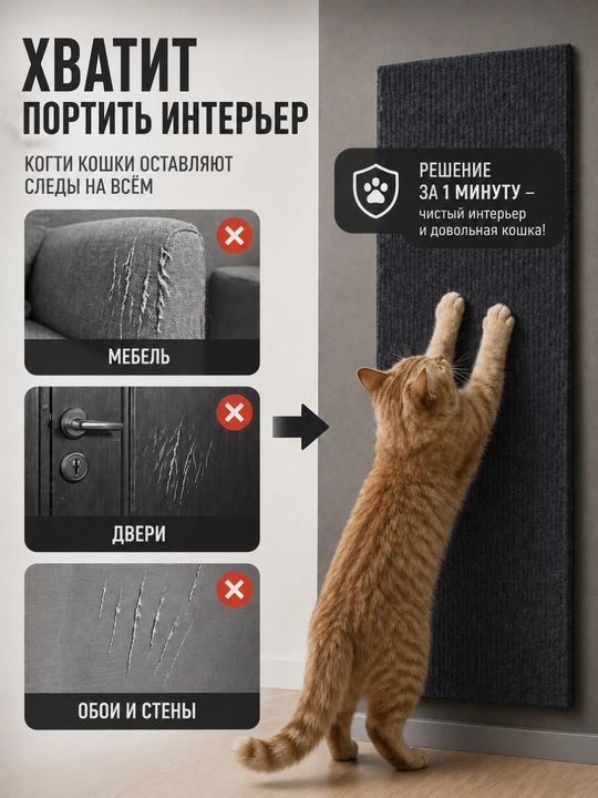 Когтеточка для кошки самоклеящаяся 30х60 см, защита мебели, стен и дивана от когтей