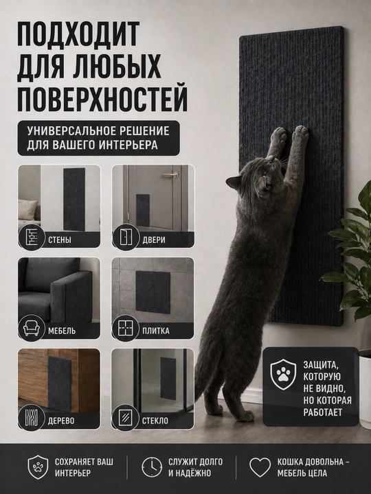 Когтеточка для кошки самоклеящаяся 30х60 см, защита мебели, стен и дивана от когтей