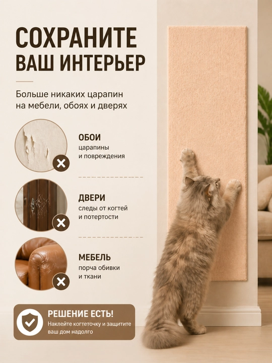 Когтеточка для кошки самоклеящаяся 30х60 см, защита мебели, стен и дивана от когтей