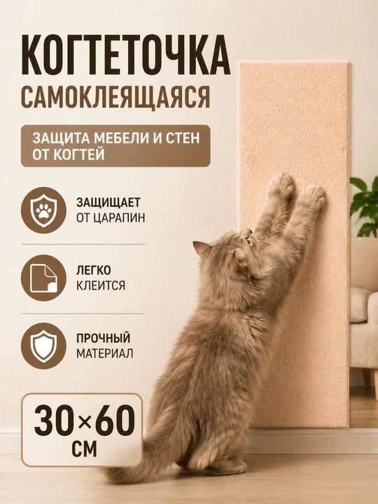 Когтеточка для кошки самоклеящаяся 30х60 см, защита мебели, стен и дивана от когтей - 