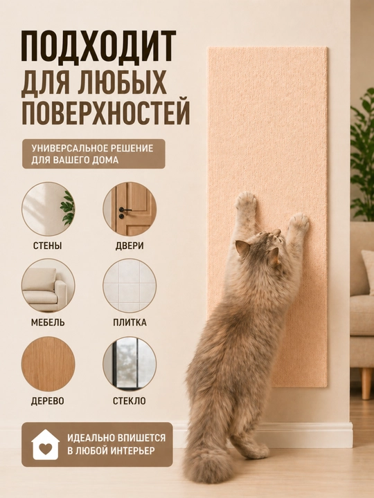 Когтеточка для кошки самоклеящаяся 30х60 см, защита мебели, стен и дивана от когтей