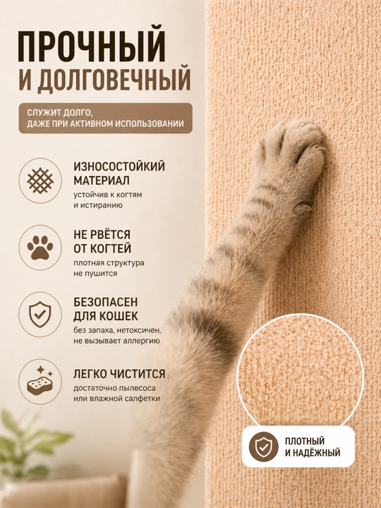 Когтеточка для кошки самоклеящаяся 30х60 см, защита мебели, стен и дивана от когтей