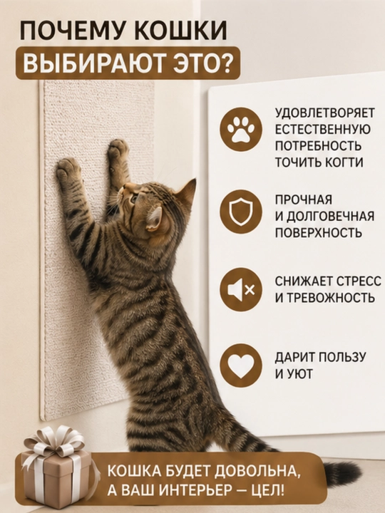 Когтеточка для кошки самоклеящаяся 30х60 см, защита мебели, стен и дивана от когтей