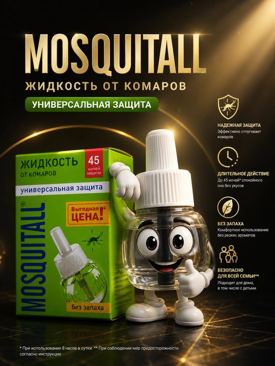 Mosquitall,chivinlarga qarshi suyuqlik, fumigator uchun suyuqlik,60 kechalik himoya,hidsiz - 