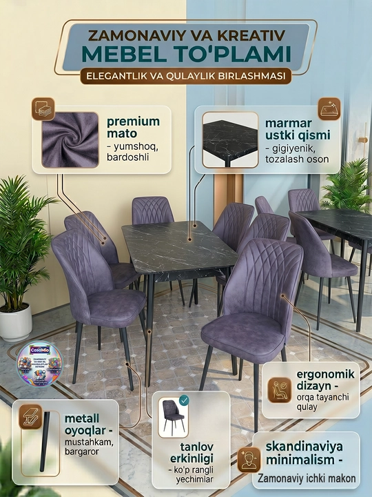 Zamonaviy marmar stol + och sariq, ko‘k va binafsha rangli 6 ta stul to‘plami