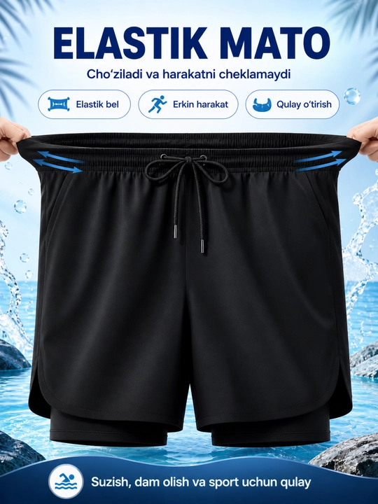 Erkaklar uchun suzish shortisi 2 in 1, tez quriydigan plyaj shortisi L-5XL