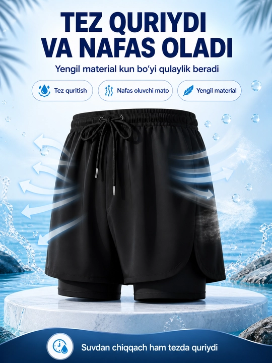 Erkaklar uchun suzish shortisi 2 in 1, tez quriydigan plyaj shortisi L-5XL