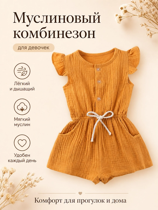 Муслиновый комбинезон для девочки, летний комбинезон с рюшами и карманами