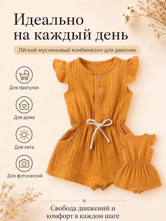 Муслиновый комбинезон для девочки, летний комбинезон с рюшами и карманами