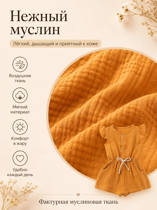 Муслиновый комбинезон для девочки, летний комбинезон с рюшами и карманами