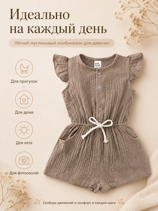 Муслиновый комбинезон для девочки, летний комбинезон с рюшами и карманами