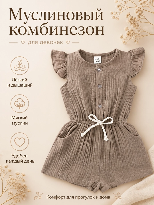 Муслиновый комбинезон для девочки, летний комбинезон с рюшами и карманами