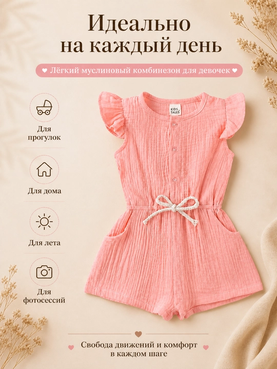 Муслиновый комбинезон для девочки, летний комбинезон с рюшами и карманами