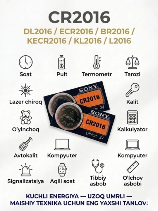 Batareyka CR2032, CR2025, CR2016, CR1632, CR1620, CR1220 litiyli tugmasimon, 3V, 1 dona - 