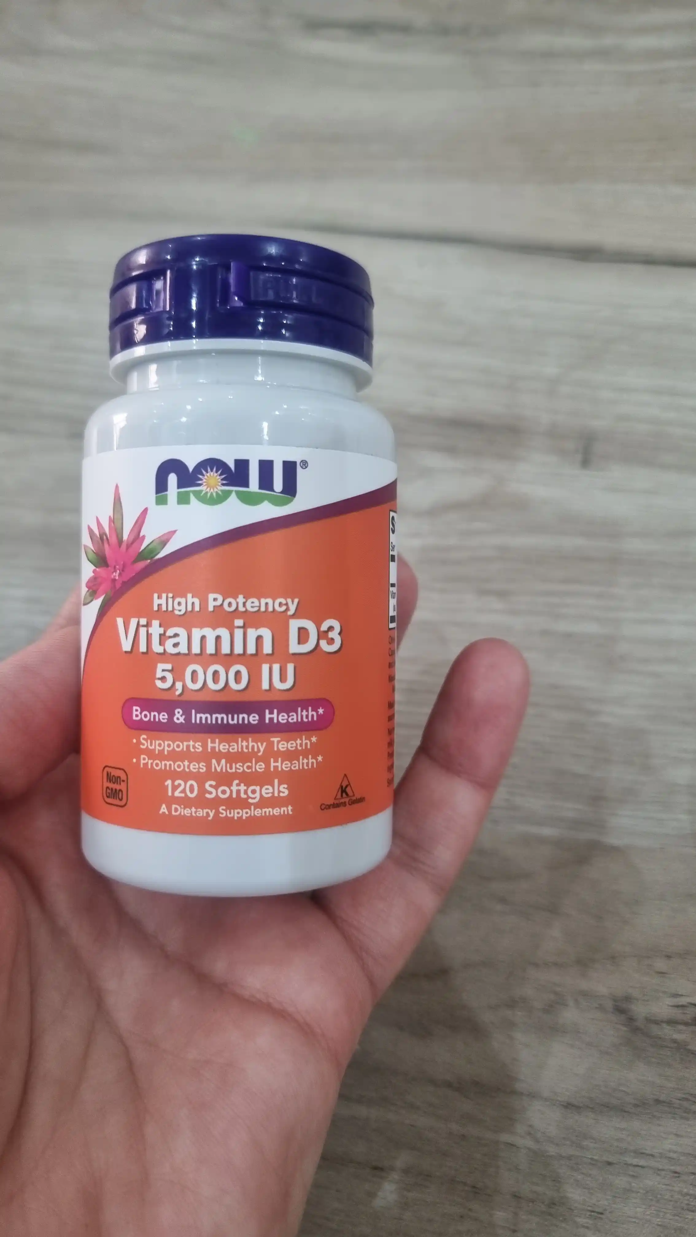 Vitaminlar D3 Now Foods, 5000 IU, 125 mkg, 120 kapsula