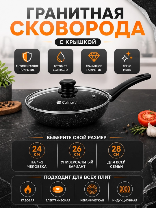 Гранитная сковорода с крышкой антипригарная 24–28 см для всех плит, готовка без масла - 