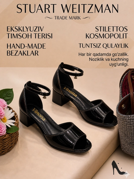 Ayollar uchun qora lakli sandal (blok poshna, Vinona)