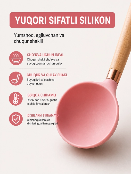 Silikon oshxona qoshiq yog‘och tutqich bilan