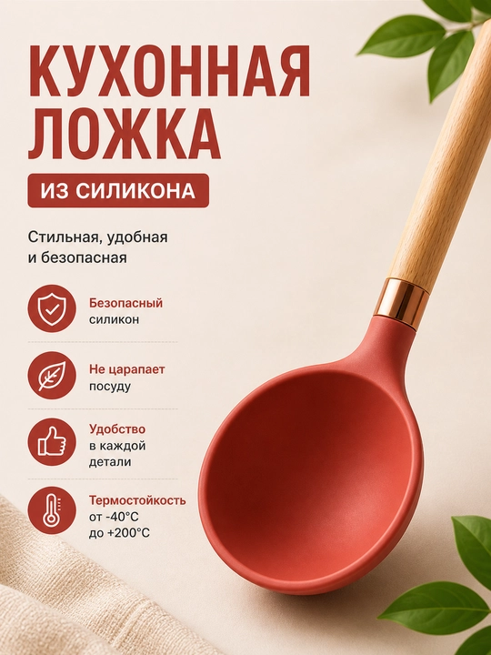 Силиконовая кухонная ложка с деревянной ручкой - 
