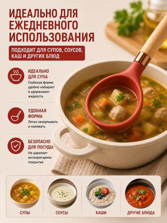 Silikon oshxona qoshiq yog‘och tutqich bilan