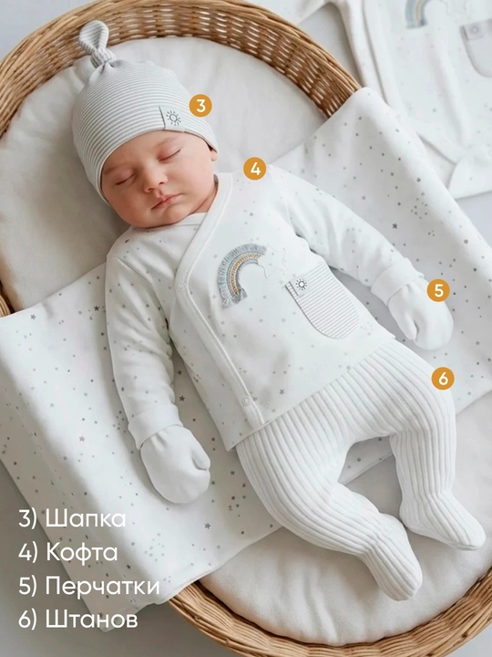 Набор из 7 предметов для новорождённых. (3–6 месяцев). Нательная детская одежда