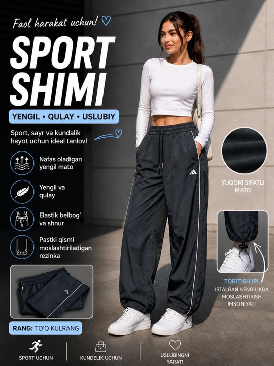 Ayollar shimlari, joggerlar, tortib bog‘lanadigan sport shimlari