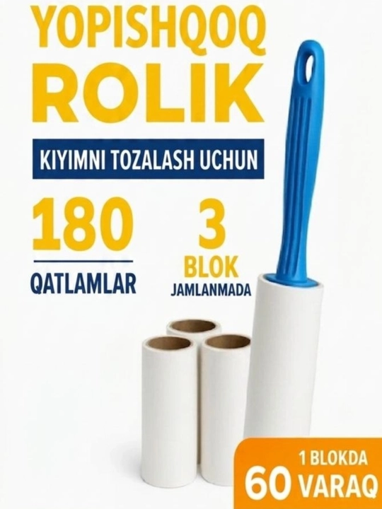 Rolik kiyimlar va mebellarni tozalash uchun,3 tasi 1da, 1ta dastasi va 3ta rulon qog'ozi