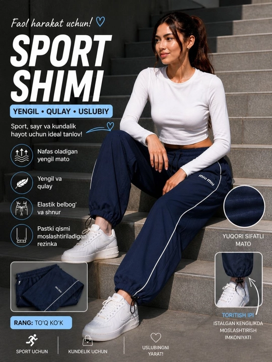 Ayollar shimlari, joggerlar, tortib bog‘lanadigan sport shimlari