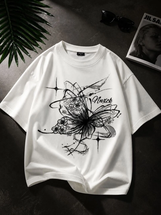 Oversize futbolka kapalak print bilan, uniseks, oq, yozgi - 