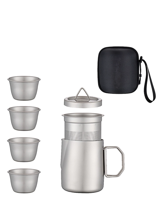 Sayohat va camping uchun choy to‘plami: 350 ml choynak + filtr + 4 ta piyola, ixcham sumka - 