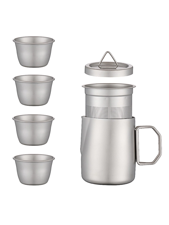 Sayohat va camping uchun choy to‘plami: 350 ml choynak + filtr + 4 ta piyola, ixcham sumka