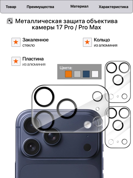 Защитное стекло для камеры iPhone 17 Pro/Pro Max, 360° полное покрытие, алюминиевая рамка - 