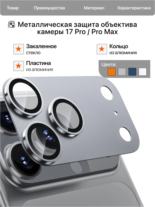 Защитное стекло для камеры iPhone 17 Pro/Pro Max, 360° полное покрытие, алюминиевая рамка - 
