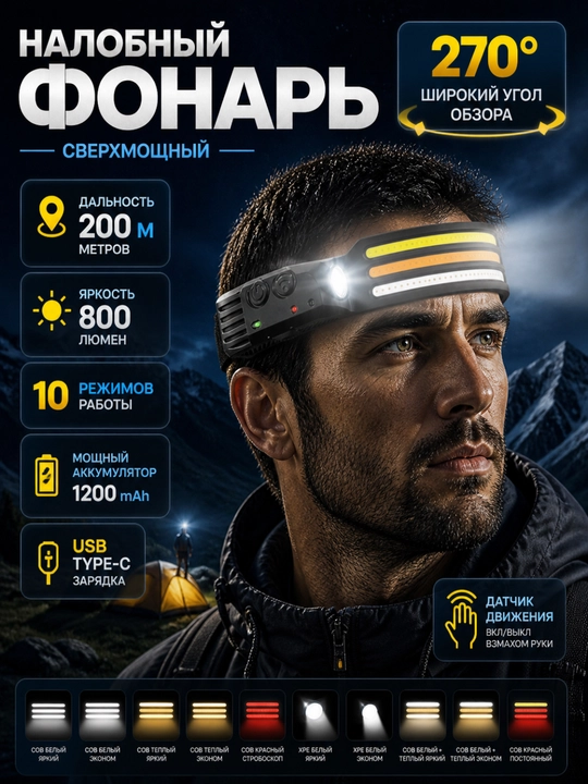 Налобный фонарь LED с датчиком движения, 5 режимов, влагозащита IPX4, до 8 часов работы - 