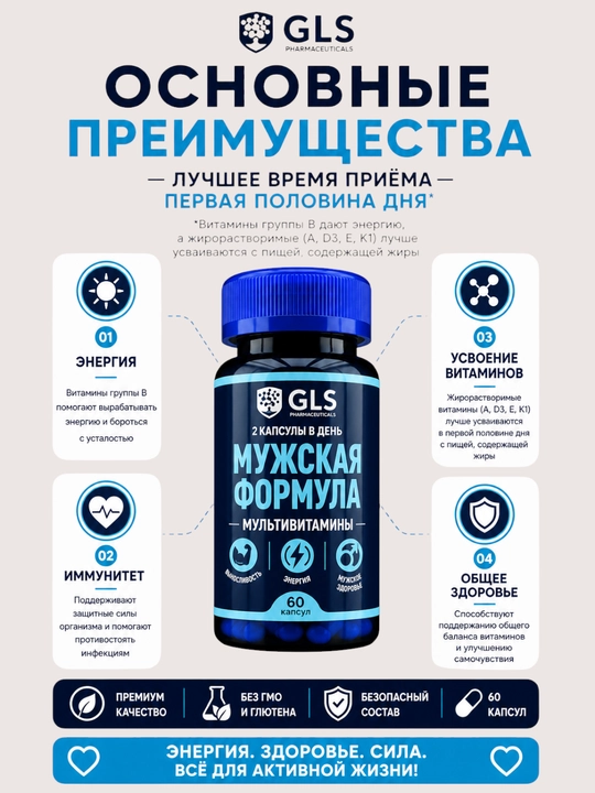 Витамины для мужчин с цинком и аргинином, энергия и выносливость, 60 капсул