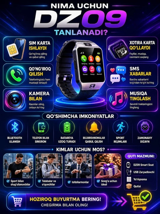 Simkartalik qo'l soati, dz09 sensorli ekran, aqilli