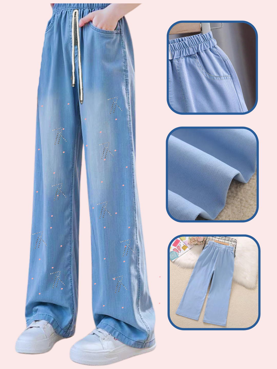 Qizlar uchun kyulot jinsi shim, 9-13 yoshgacha, yoz uchun mos, nafas oladigan material - 