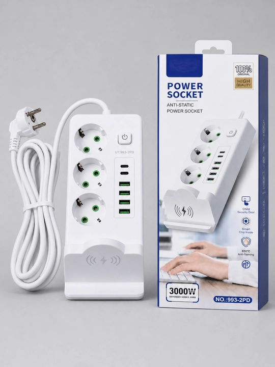 Многофункциональный удлинитель с беспроводной зарядкой (3 розетки, 4 USB, 2 Type-C, 3000W)