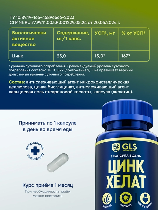 GLS Цинк Хелат, для волос, кожи и ногтей, 60 капсул