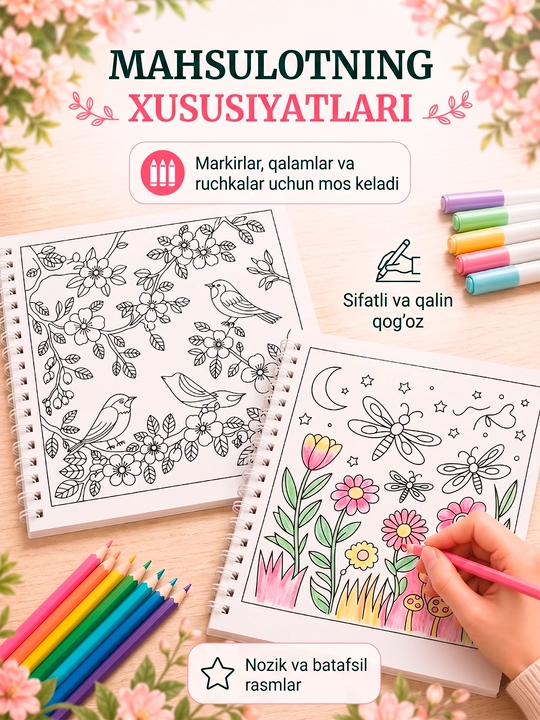 Anti-stress bo‘yash kitobi, 20 sahifa, 160 g qalin qog‘oz, kattalar uchun