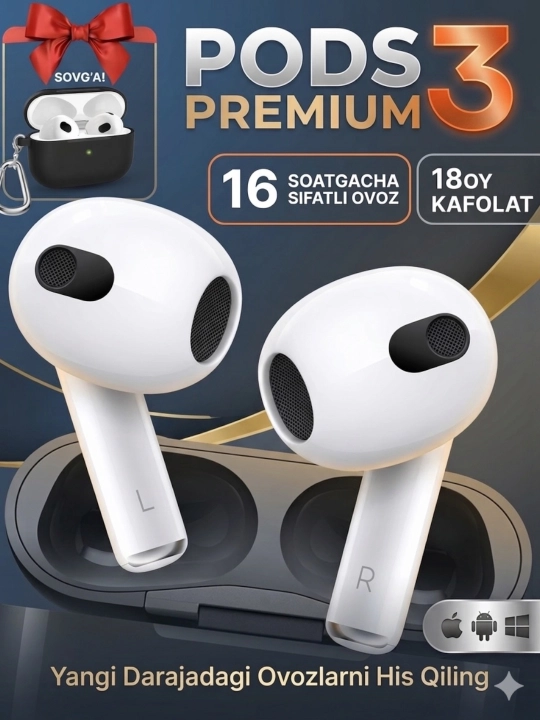 Pods 3 hoco simsiz quloqchinlari, iOS va Android uchun sovg‘a g‘ilofi - 