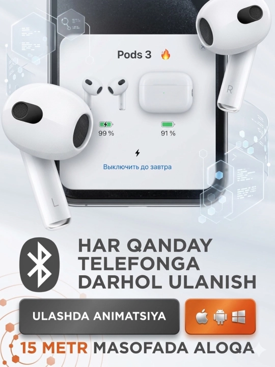 Pods 3 hoco simsiz quloqchinlari, iOS va Android uchun sovg‘a g‘ilofi