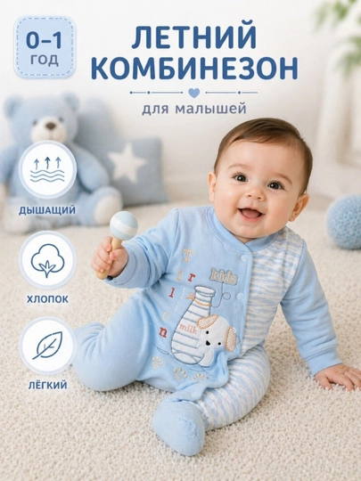 Мягкий baby комбинезон – весна/лето, 0–6 месяцев, удобный и эластичный (набор 2 шт.) — 5577222-BODI-ГОЛУБ-912МЕС