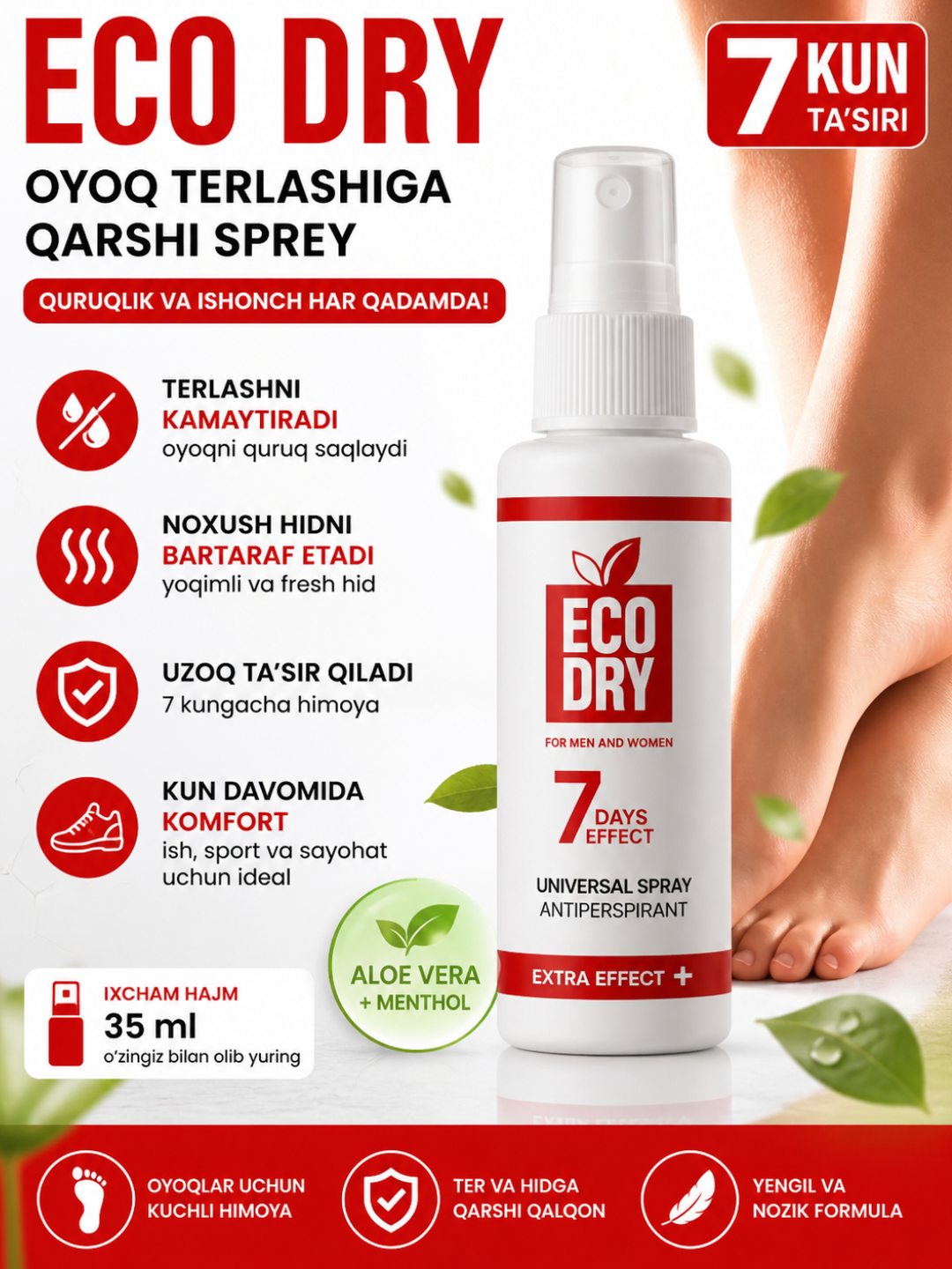 Eco Dry Universal antiperspirant sprey 35 ml terlashga qarshi kuchli himoya