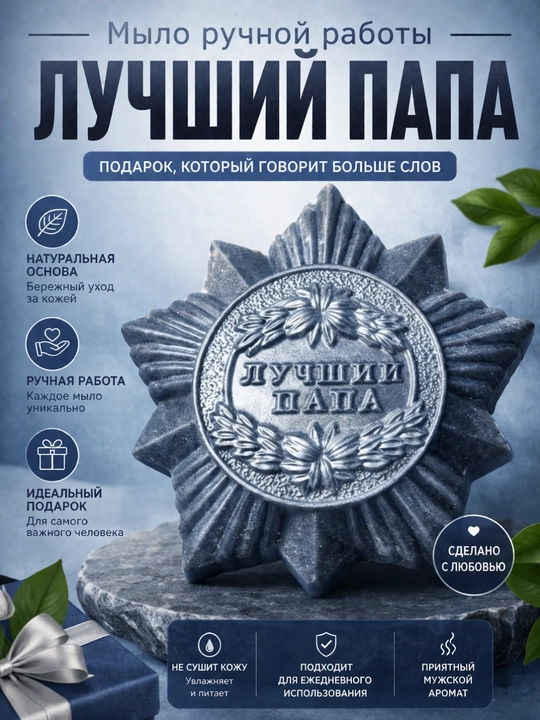 Erkaklar va otalarga sovg‘a sifatida qo‘lda yasalgan esdalik sovuni, medal shaklida - 