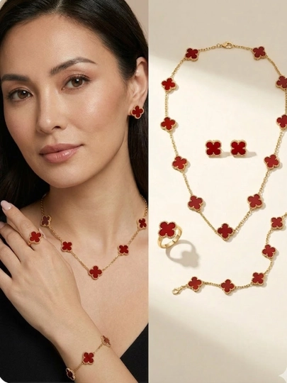 Набор украшений VAN CLEEF: кольцо, серьги, цепочка и браслет — IMPERA-TORTBARGLIKOMPLEKT-БОРДОВ