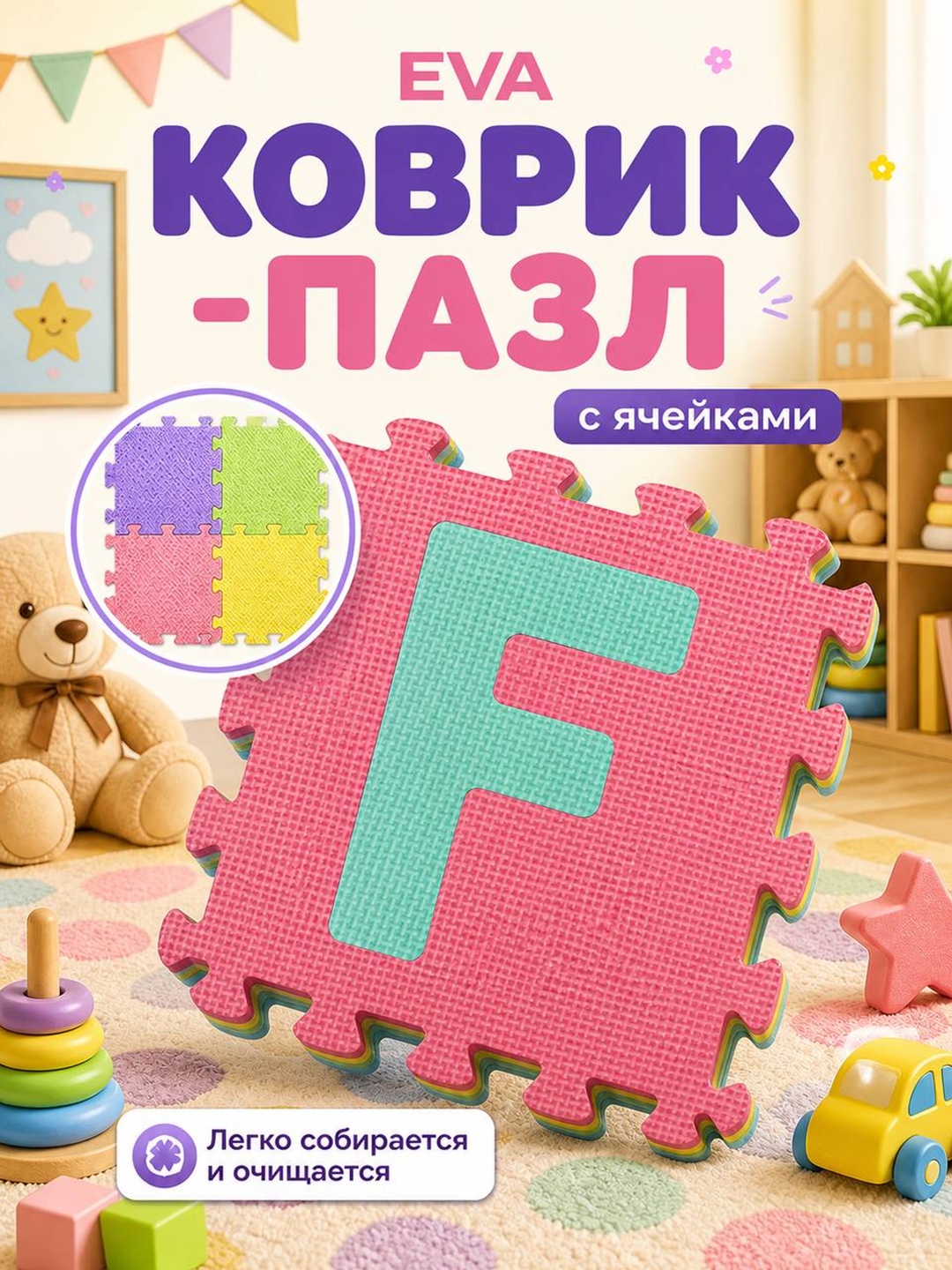 Коврик-пазл детский EVA 10 деталей 29×29 см мягкий напольный